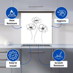 Monochrome Line Drawn Poppies Kitchen Splashback