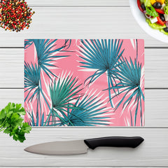 Pink Green Fan Palms Glass Chopping Board