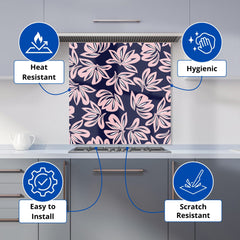 Pink Navy Floral Botanical Pattern Kitchen Splashback