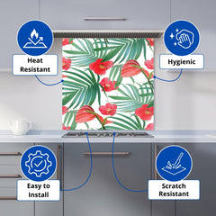 Tropical Flowers, Palm Leaves Hawaiian Kitchen Splashback