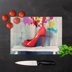 Retro Red Shoes Glass Chopping Board