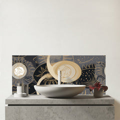 Abstract Silver Gold Sun and Moon Glass Bathroom Splashback