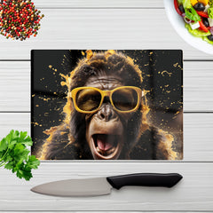 Splashart Monkey Face With Yellow Glasses Glass Chopping Board