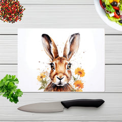 Watercolour Hare And Daisies Glass Chopping Board