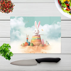 White Rabbit On A Beach Holiday Glass Chopping Board