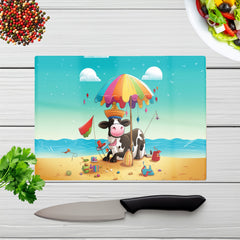 Cow On A Beach Holiday Glass Chopping Board