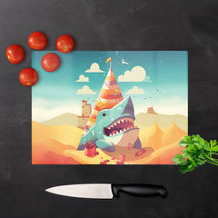Shark On A Beach Holiday Glass Chopping Board