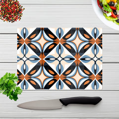 Brown And Blue Geometric Pattern Glass Chopping Board
