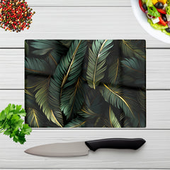 Green And Gold Leaves Glass Chopping Board
