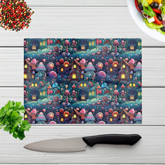 Whimsical Gingerbread House Pattern Glass Chopping Board