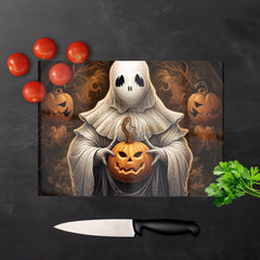 Spooky White Ghost Holding Pumpkin Glass Chopping Board