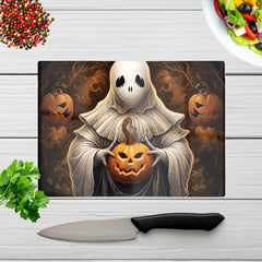Spooky White Ghost Holding Pumpkin Glass Chopping Board