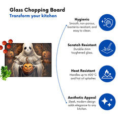 Spooky White Ghost Holding Pumpkin Glass Chopping Board