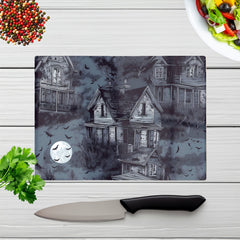 Spooky Shadowy Haunted House Glass Chopping Board