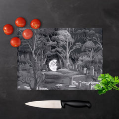 Eerie Moonlit Cemetery Glass Chopping Board