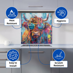Splashart Highland Cow With Glasses Kitchen Splashback