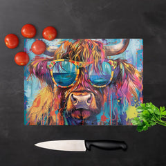 Splashart Highland Cow With Glasses Chopping Board