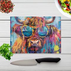 Splashart Highland Cow With Glasses Chopping Board