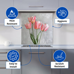 Painted Pink Tulips Kitchen Splashback