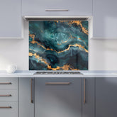 Blue, Gold Marble Effect Kitchen Splashback