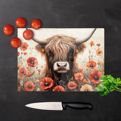 Highland Cow And Summer Flowers Glass Chopping Board