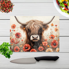 Highland Cow And Summer Flowers Glass Chopping Board