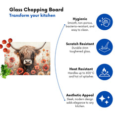Highland Cow And Summer Flowers Glass Chopping Board