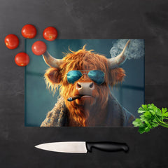 Highland Cow With Glasses Glass Chopping Board