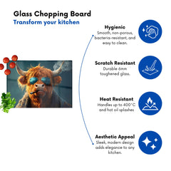 Highland Cow With Glasses Glass Chopping Board