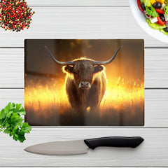 Highland Cow Sunset Glass Chopping Board