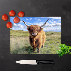Highland Cow In Summer Glass Chopping Board