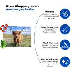 Highland Cow In Summer Glass Chopping Board