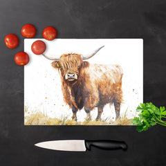 Watercolour Highland Cow Glass Chopping Board
