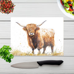 Watercolour Highland Cow Glass Chopping Board