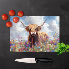 Highland Cow In A Summer Meadow Glass Chopping Board