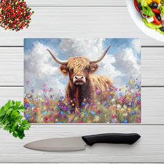 Highland Cow In A Summer Meadow Glass Chopping Board