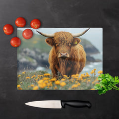 Highland Cow By The Coast Glass Chopping Board