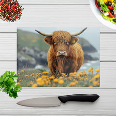Highland Cow By The Coast Glass Chopping Board