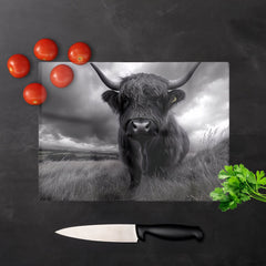 Black And White Highland Cow Glass Chopping Board