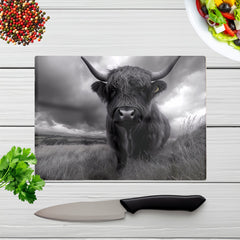 Black And White Highland Cow Glass Chopping Board