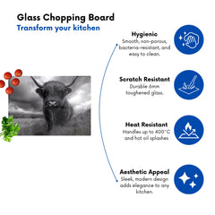 Black And White Highland Cow Glass Chopping Board