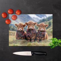 Trio Of Baby Highland Cows Glass Chopping Board