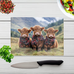 Trio Of Baby Highland Cows Glass Chopping Board