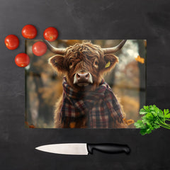 Highland Cow Wearing Scarf Glass Chopping Board