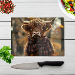 Highland Cow Wearing Scarf Glass Chopping Board