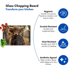 Highland Cow Wearing Scarf Glass Chopping Board