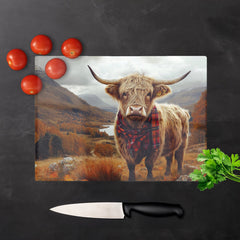 Autumnal Highland Cow Glass Chopping Board