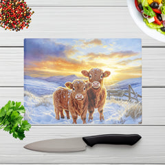 Snowy Baby Highland Cows Glass Chopping Board