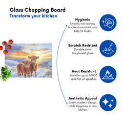 Snowy Baby Highland Cows Glass Chopping Board