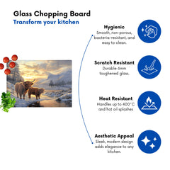 Highland Cows By The Lake Glass Chopping Board